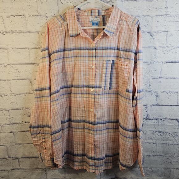 Columbia PFG Sun Drifter II Shirt Womens 2X Orange Plaid - Picture 1 of 5